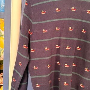 Boston Traders Navy Crewneck Sweater with Green Stripes and Red Duck Motif